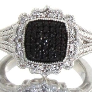Elegant Black Diamond Cocktail Ring size 7.25 Rhodium Over Brass